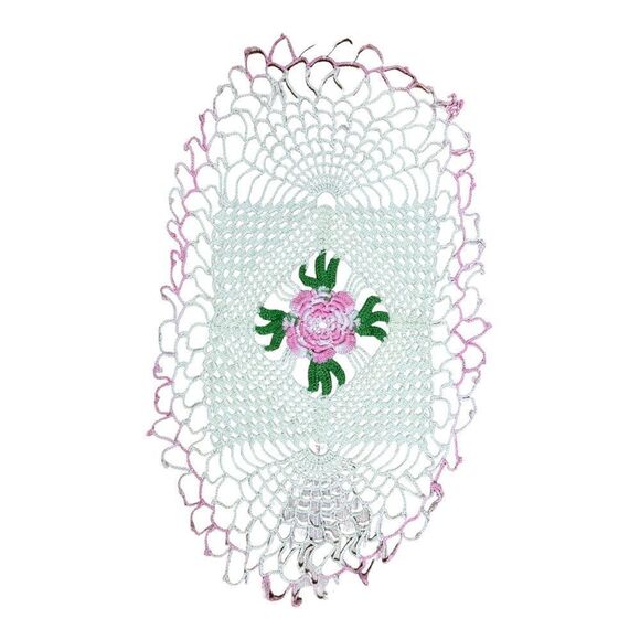 Vintage Handmade 15” Crochet Pink Green White Doily Rose Cottagecore Grandmacore - Picture 1 of 9